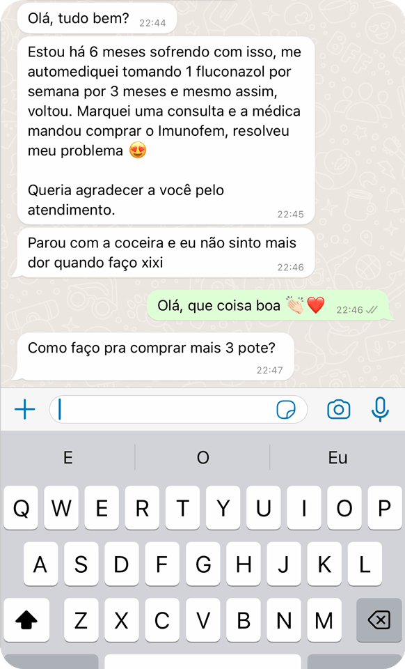 Captura de WhatsApp — comentario positivo de Imunofem (en portugués)