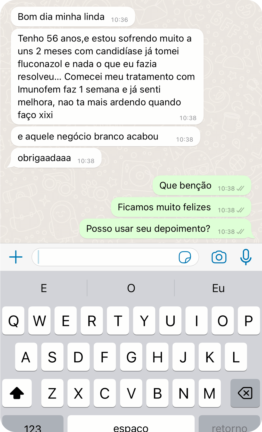 Captura de WhatsApp — experiencia real con Imunofem (en portugués)