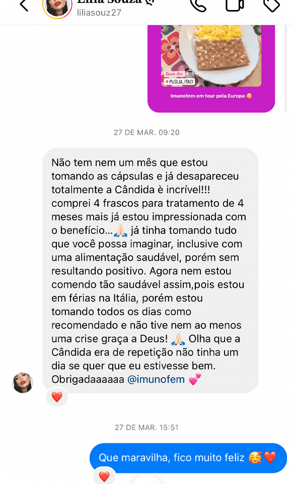 Captura de WhatsApp — clienta satisfecha con Imunofem (en portugués)