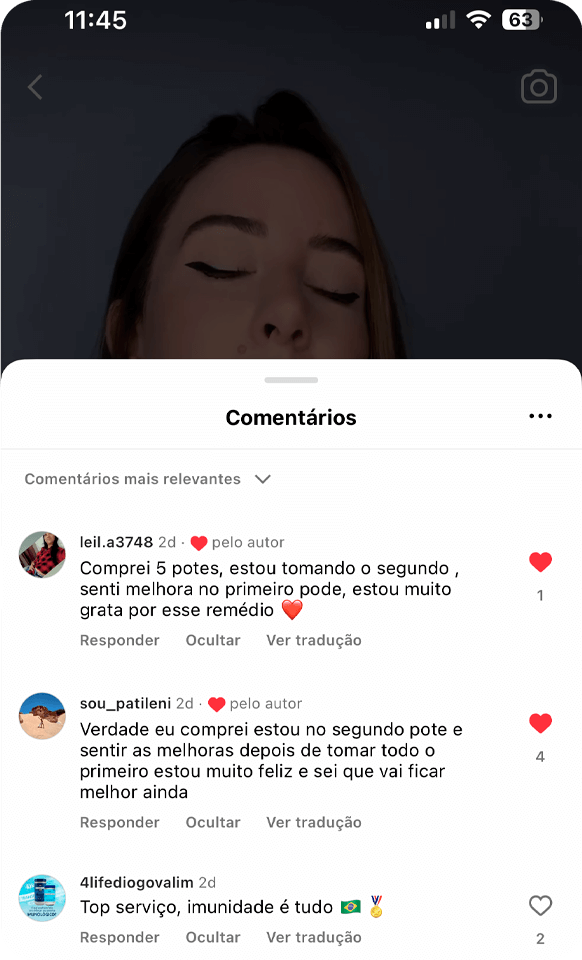 Captura de WhatsApp — relato real de uso de Imunofem (en portugués)